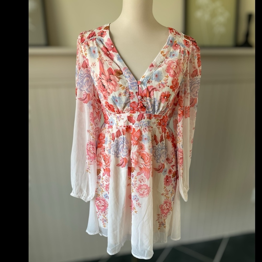 Petal & Pup Floral Chiffon Long Sleeve Mini Dress Small - Picture 1 of 5